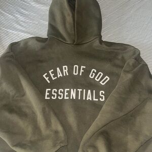 Fear of God Essentials Olive Green Hoodie with White Logo
